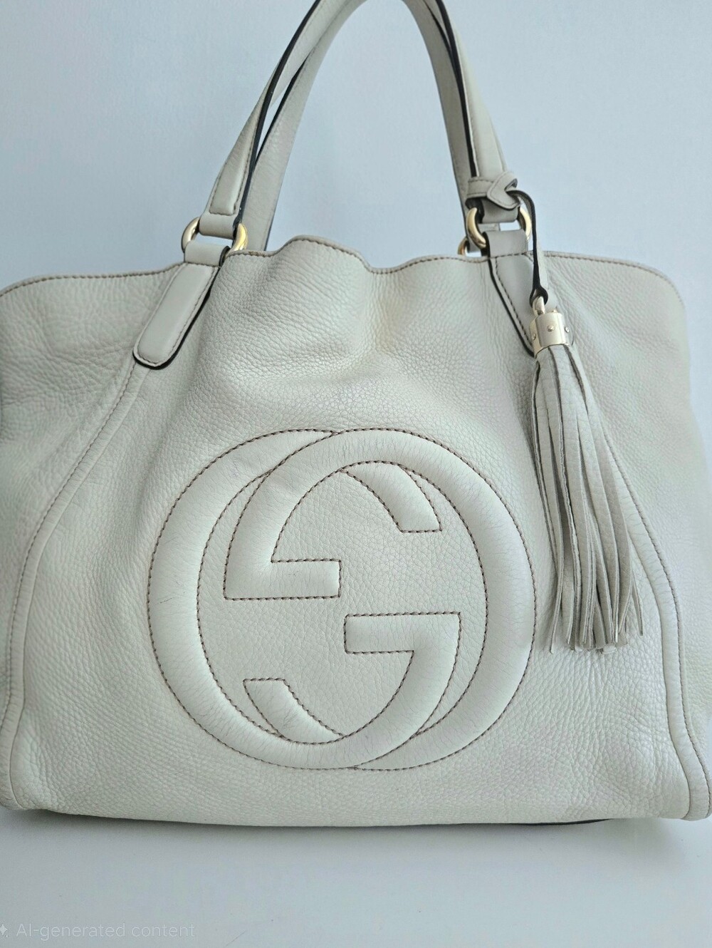 Authentic GUCCI XL Large 18” Off-White Pebbled Leather Soho Shoulder Tote